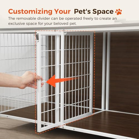 MAHANCRIS Dog Crate Furniture for 2 Dogs, 43.3" Dog Kennel with Removable Divider, Heavy Sturdy Dog Furniture Style Double Cage for Small Medium Dogs, Indoor Pet House End Table, White and Walnut MAHANCRIS