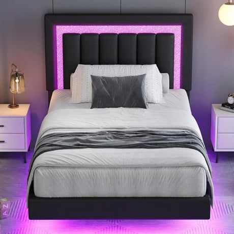 HOMBCK Floating Bed Frame Twin with Smart LED Lights, Faux Leather Upholstered Platform Bed with Diamond Headboard, No Box Spring Needed, Noise Free, Easy Assembly, Black HOMBCK