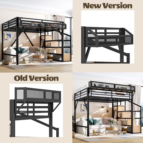 Bellemave Queen Loft Bed Frame with Storage Stairs, Beside Shelf & Wardrobe, Metal Queen Size Loft Bed with USB Ports&LED Light, Large Under-Bed Space Loft Beds for Adults,Teens, Kids, Black Natural Bellemave
