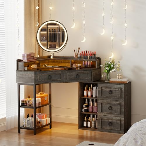 MDGC Corner Vanity Desk with Rotating Mirror and Lights,Glass Top Makeup Vanity with Human Body Senor&Charging Station,LED Vanity Table Set with 5 Drawers and Shelves for Bedroom MDGC