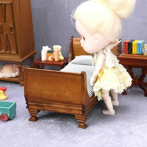 Gxsterd 1/12 Dollhouse Bed Miniature Single Bed Vintage Woode Mini Bed for for 6 inch Dolls Dollhouse Bedroom Furniture with Bedding Fabric (Brown) Gxsterd