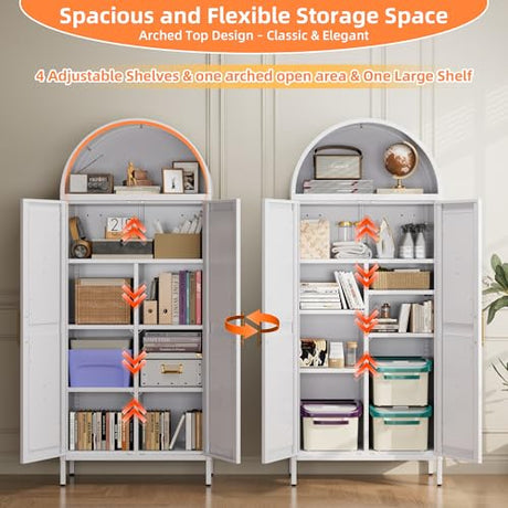 JAORD Metal Arched Kitchen Pantry Cabinet with 4 Adjustable Shelves, Farmhouse Arched Cabinet with 2 Doors for Kitchen,Bedroom,Living Room,White, Assemble Required,13.8" D x 27.6" W x 66.9" H JAORD