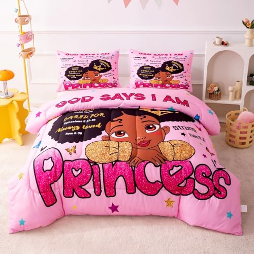 GRAT TIOC Black Girl Magic Comforter Set Twin,Black Girl Bedding Set,Christian Inspirational Little Princess Comforter,God Says I Am Afro Melanin Peekaboo Bedroom Set GRAT TIOC