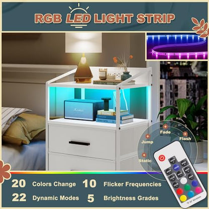 EKNKOZY Nightstand 5 Drawer Dresser with LED Lights and Charging Station, Vertical Side Table with Fabric Drawers, End Table with Open Shelf, Tall Dresser for Bedroom, Hallway, Entryway, White