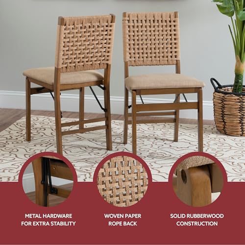 Linon Bennett Natural Folding Chair with Woven Rope Back and Linen Upholstered Seat Set of 2 - WoodArtSupply