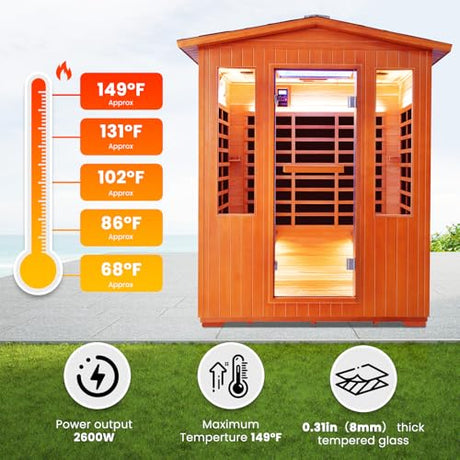 Outdoor Sauna 4 Person Infrared Saunas Outdoor Dry Sauna Room Wood Wooden Sauna Canadian Fir Red Cedar Low EMF 2600W/240V with Oxygen Bar, 7 Color Light, Control Panel, Speaker - 62.2" x 46.9" x 81.9" HOSAUNA