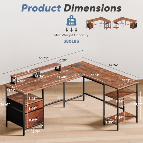 DUMOS 62 Inch L Shaped Gaming Desk with Charging Station & 2 Monitor Stands, Computer Desk with Drawer & Adjustable Storage Shelves, Large Corner Desk for Home Office, Rust Brown DUMOS