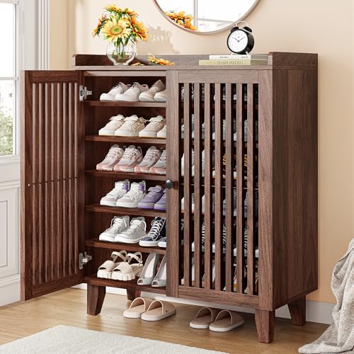 IRONCK Shoe Cabinet with Slatted Doors, 6-Tier Shoe Storage Cabinet with Adjustable Shelves, Wooden Shoe Rack Organizer for Entryway, Hallway, Closet, Living Room, Walnut IRONCK