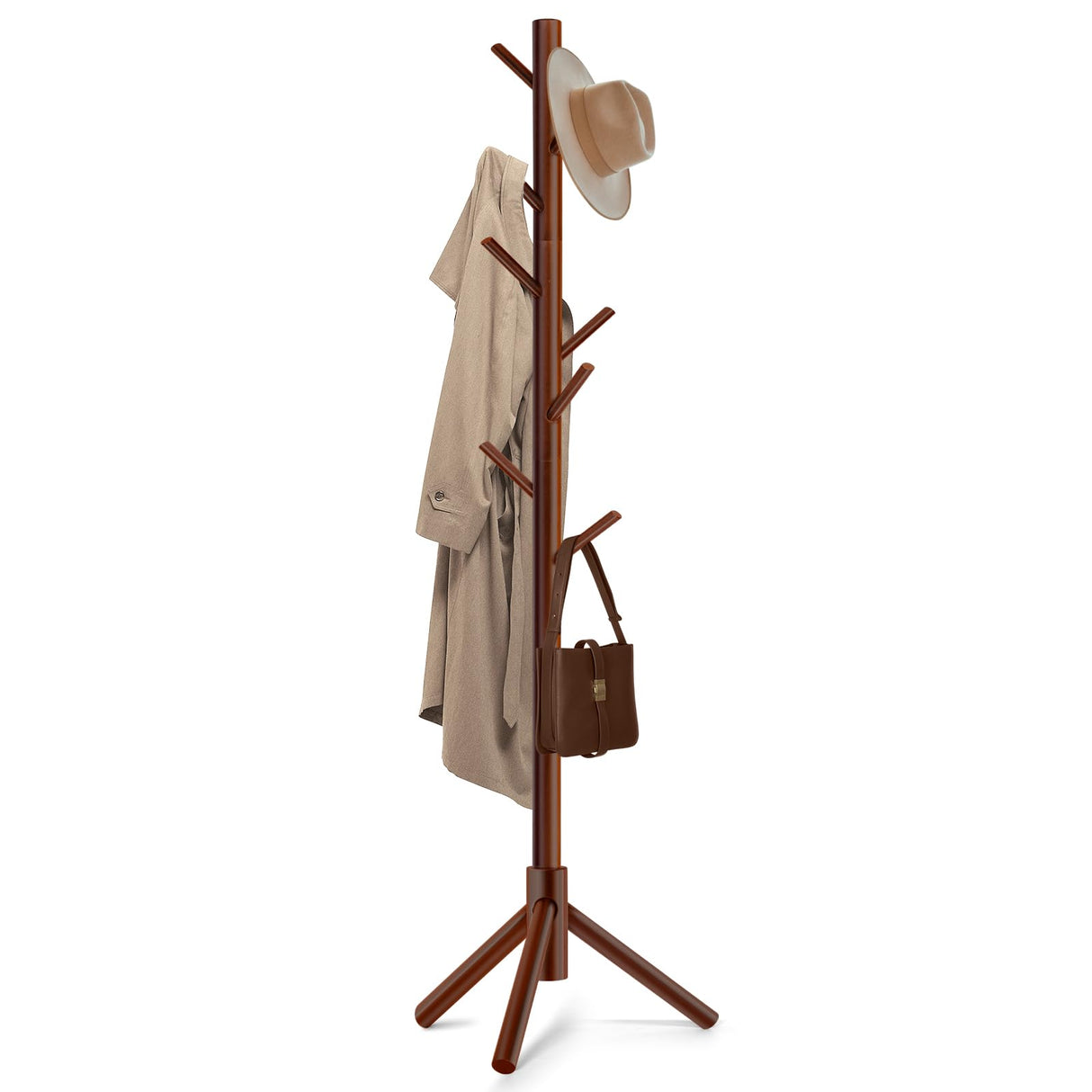 Freyawin Solid Wooden Coat Rack Freestanding, New Zealand Pine Coat Tree with 8 Hooks & 3 Adjustable Sizes for Coats, Hats, Handbags and Scarves, Space Saving for Entryway/Office/Bedroom (Brown) Freyawin
