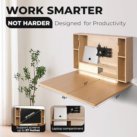 ARROWSTONE SKEENA Wall-Mounted Desk - Floating Folding Desk with Storage, Space-Saving Design for Home Office (36") ARROWSTONE