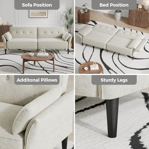 COPIAE 89” Futon Sofa Bed, Comfy Futon Couch Bed with 2 Square Pillows,Convertible Sleeper Sofa with Adjustable Backrest& Armrests, Modern Loveseat Sleeper for Living Room,Velvet Fabric White COPIAE