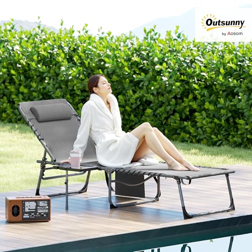 Outsunny Folding Chaise Lounge Chair Outdoor Tanning Chair with Side Table, 5-Level Adjustable Beach Lounge Chair with Headrest, Side Pocket for Patio, Backyard, Beach, Poolside, Gray