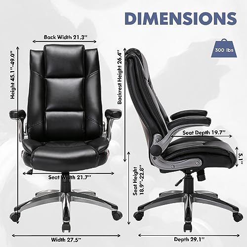 MALOL Leather Executive Office Chair - High Back Home Computer Desk Chair with Padded Flip-up Arms, Adjustable Tilt Lock, Swivel Rolling Ergonomic Chair for Adult Working Study, Black MALOL