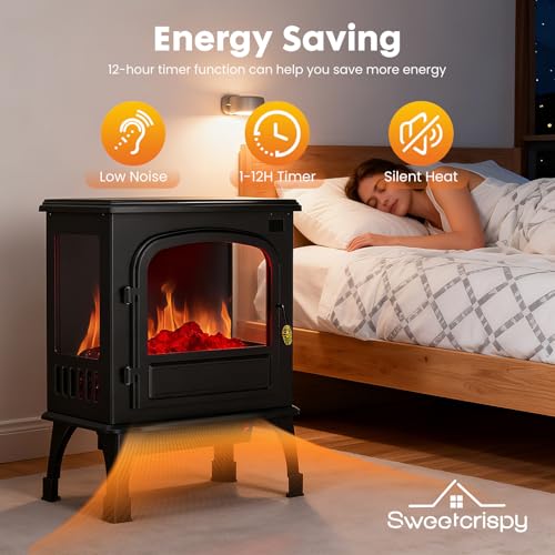 Sweetcrispy Freestanding Electric Fireplace, 26” Indoor Fireplace Heater with 3D Flame Effect, Overheating Safe Design, Energy Saving Space Heater with 12H Timer&Remote for Living Room, Bedroom Sweetcrispy