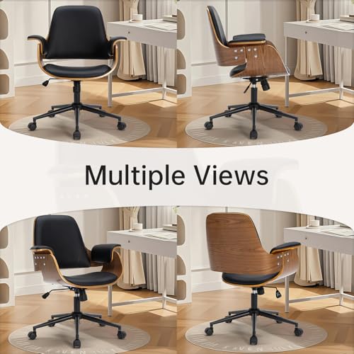 Mid Century Modern Home Office Chair,Ergonomic U-Shape Mid Back Executive Chair,Adjustable Height Swivel Computer Chair with Walnut Finish & PU Leather,Accent Chairs for Study Bedroom Workspace(Black) Soxiar