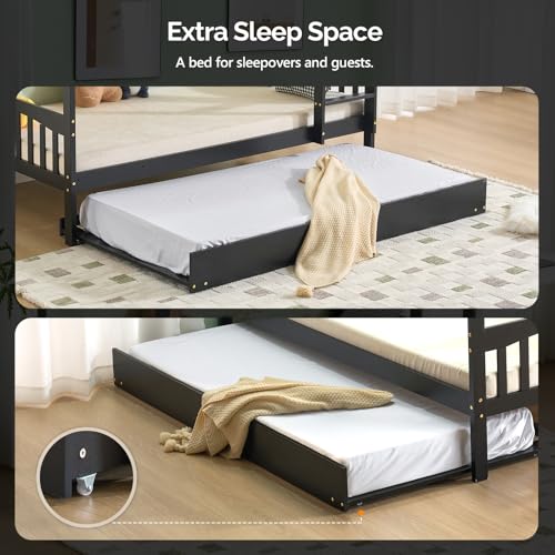VINGLI Solid Wood Bunk Bed with Trundles,Twin Over Twin Bunkbed with RGB LED/Charging Station,Convertible Bunk Bed Frame with 15 inches High Safety Guardrail and Ladders for Kids,Black VINGLI