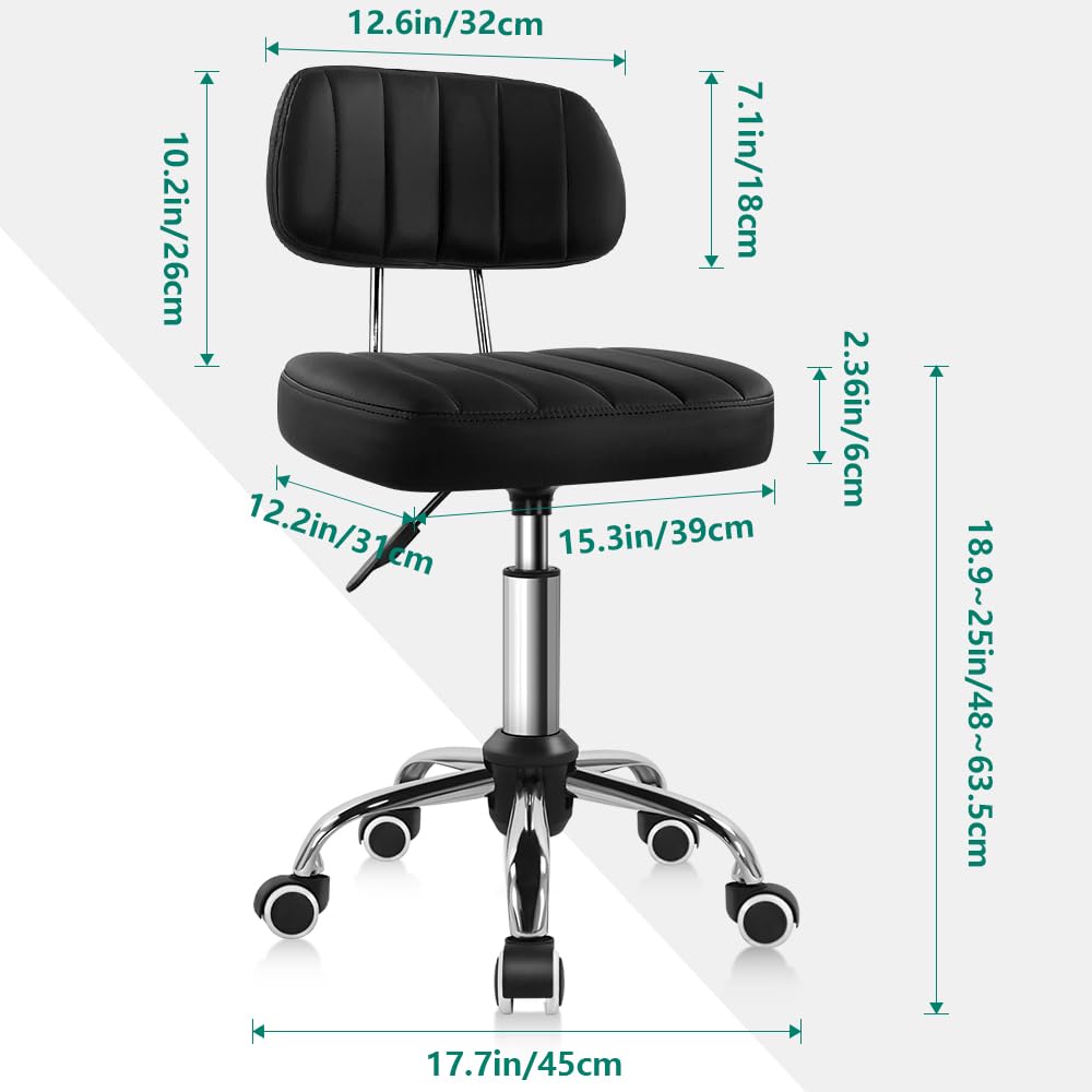 BFTOU Black Square Swivel Stool with Wheel for Work SPA Shop Massage Height-Adjustable and Cost-Effective Rolling Stool Chair with Back BFTOU