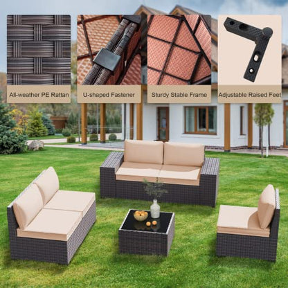 GREZJXC 10 Pieces Outdoor Sectional Patio Furniture Set with Fire Pit Table,PE Rattan Wicker Patio Sectional Conversation Set with Cushions and Glass Coffee Table Beige