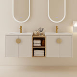 Goderfuu 60" Bathroom Vanity with Double Sink, Floating Bathroom Vanity with Ceramic Basin, White Wall Mounted Bathroom Vanity Cabinet, 60 inch Bathroom Vanities with 4 Doors and Open Storage Shelves Goderfuu