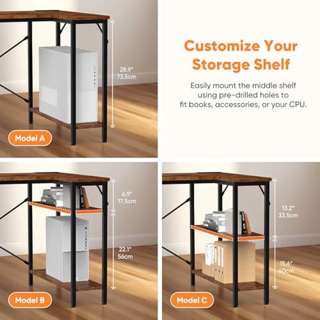 DUMOS L Shaped Desk with Shelf Drawers 47 Inch, Brown Corner Computer Desks Gaming with Power Outlet, Study Table with Adjustable Shelves, Home Office Tables for Bedroom Teacher Reading Writing DUMOS