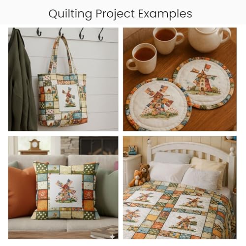 Patchwork Fabric Panel with Windmill Designs – 100% Cotton Satin, 6 Printed Panels 10”×10” + Patchwork Sheet 29.5”×19.7”, Single Continuous Cloth for Quilting & Sewing Fabricstown