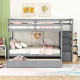 Full Over Full Bunk Bed with Trundle & Drawers & Storage Staircase,Wooden Full Triple Bunk Bed Frame with Full-Length Safety Guardrails and Headboard for Kids Teens Bedroom,Wood Slat Support,Gray Harper & Bright Designs