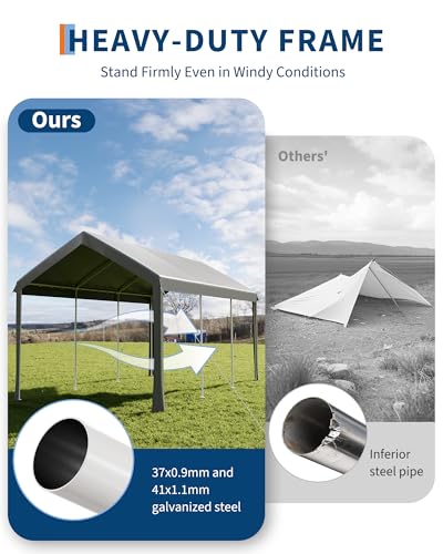10x20 ft Carport Car Port Canopy with PE Fabric and Galvanized Steel Frame,Outdoor Shelter Waterproof & UV Protected with Windproof Ropes,Ideal for All-Season Tarp for Car, Truck,Grey. ElfinAura
