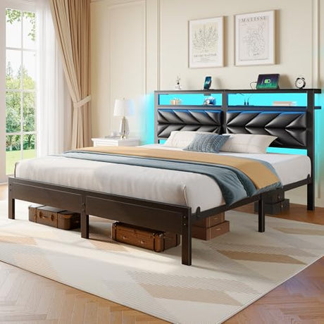 Seventable King Size Bed Frame with Charging Station & LED Lights, Upholstered Headboard with 2-Tier Storage Shelves, Metal Platform with Under Bed Storage, No Box Spring Needed, Easy Assembly, Black Seventable