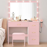 DWVO Vanity Desk with Large Mirror and Lights, Makeup Vanity Set with 11 LED Bulbs and Power Outlet, 4 Storage Drawer, Dressing Table with 3-Color Adjustable Lighting, Vanity Stool, Pale Pink DWVO