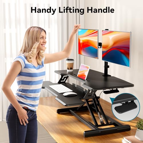 JYLH JOYSEEKER 35" Standing Desk Converter, Height Adjustable Desktop Riser with Keyboard Tray for Two Monitors, Sit to Stand up Computer Workstation for Home Office, Black JYLH JOYSEEKER