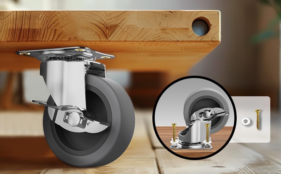 BOSGEOT 3 Inch Caster Wheels, Casters Set of 4, Heavy Duty Casters with Brake, Locking Casters with Rubber Wheels，Plate Swivel Casters Wheels for Furniture Cart and Workbench BOSGEOT