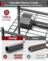 Sakugi Storage Shelves - 5-Tier Large Capacity Shelf Organizer with Hooks, Heavy-Duty Garage Shelving with Leveling Feet, Wobble-Free Rack for Bedroom, Balcony, Garage, 18.1"×12.4"×56.8", Black Sakugi