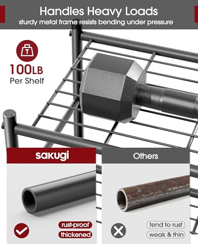 Sakugi Storage Shelves - 5-Tier Large Capacity Shelf Organizer with Hooks, Heavy-Duty Garage Shelving with Leveling Feet, Wobble-Free Rack for Bedroom, Balcony, Garage, 18.1"×12.4"×56.8", Black Sakugi