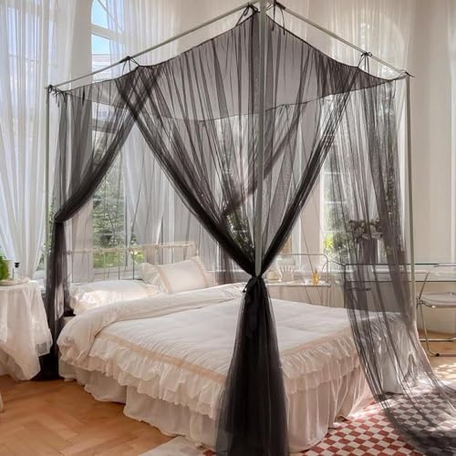 Anmas Home Mosquito Net Bed Canopy with 66ft LED Star String Lights, Black Netting Four Corner Post Curtains Elegant Mosquito Net