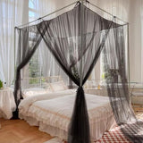 Anmas Home Mosquito Net Bed Canopy with 66ft LED Star String Lights, Black Netting Four Corner Post Curtains Elegant Mosquito Net