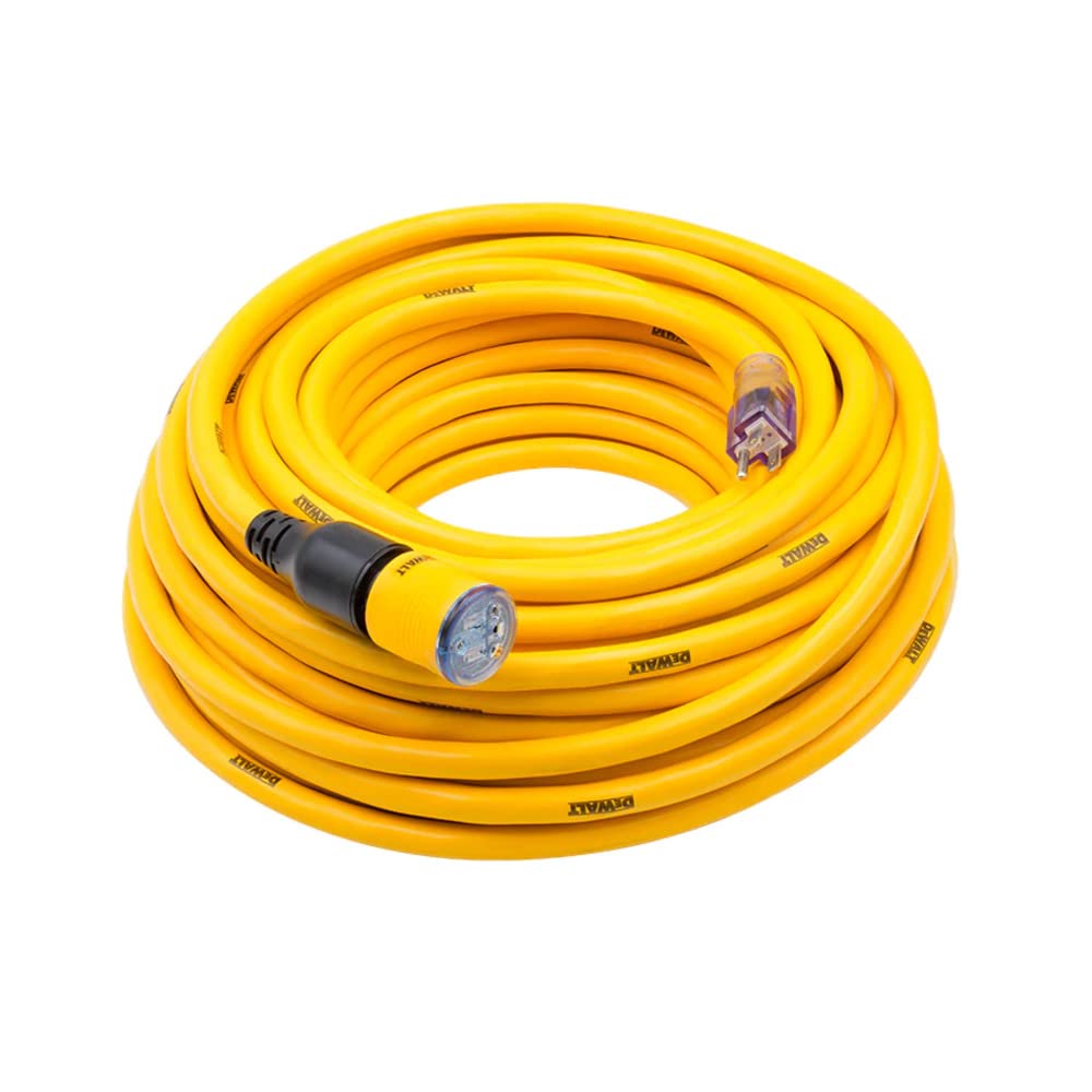 DEWALT 100 Foot Extension CordLighted Click-to-Lock 10/3 SJTW -Heavy Duty Outdoor, Waterproof, Weatherproof, Heat & Corrosion Resistant Industrial Strength Light Up Three Prong Outlet Plug Power Cord DEWALT