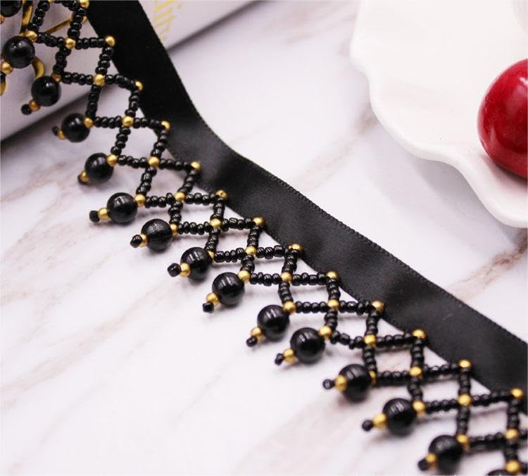 GorinsKani 2 Yard White Black Silk Tassel Gedbkiuce 2 Yard White Black Silk Tassel Fringe Trim Beads Lace Trim Embroidery Lace Fabric Sewing Material Tassels (Black Gold) GorinsKani