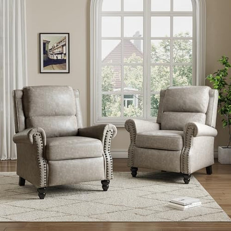 Pushback Recliner Chair, Faux Leather Wingback Recliner Chair, Upholstered Armchair Push Back Recliner with Wood Legs, Rivet Trim Single Sofa Accent Chair for Living Room, Bedroom, Gray Qatiby