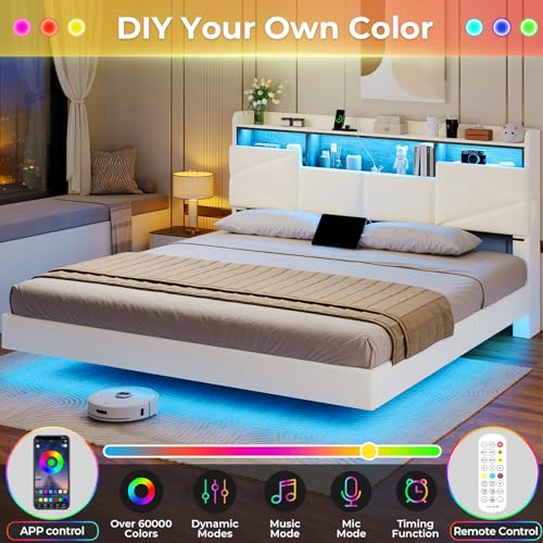 BTHFST King Size Floating Bed Frame with Storage Headboard, Power Outlet, and LED Lighting in Velvet Creamy White - WoodArtSupply