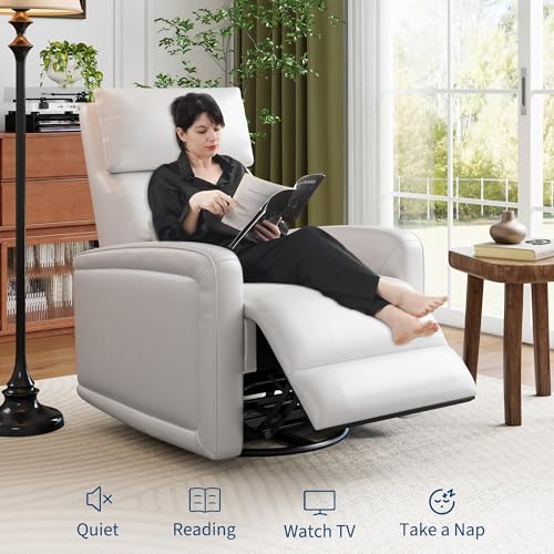 GarveeTech Adult Manual Recliner Chair with 360° Swivel, Faux Leather Reclining Sofa Rock, Adjustable Backrest and Footstool, Concealed Pull Lever, Modern Living Room Armchair, White