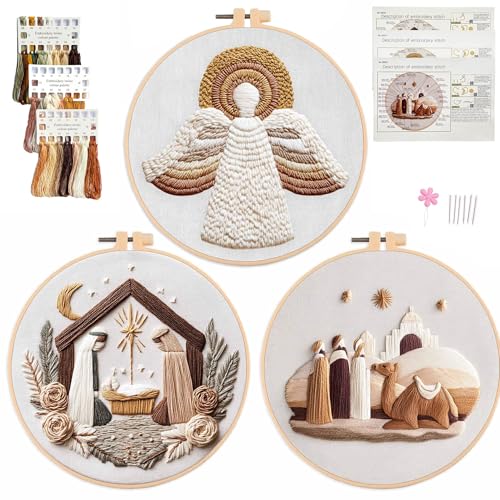 Myfelicity Embroidery kit,Adults Set,Nativity Scene Embroidery Hoop Art Set, Religious Christmas Theme, 3-Piece Collection with Angels and Manger Scene in White Embroidery Cloth