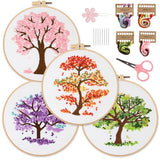 Sivilife Embroidery Starter Kit for Beginners, 4 Sets Stamped Cross Stitch Kits for Adult, Seasonal Tree Pattern Hand DIY Kits with 2 Embroidery Hoop Instructions Color Threads Needles and Scissor
