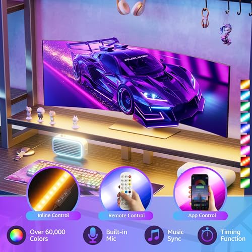 MEUIS L Shaped Gaming Desk with Shelves - 48 inch Corner Computer Desks with Storage Hutch Shelf Reversible Pegboard Led Lights Power Outlets PC Monitor Stand for Bedroom, Black MEUIS