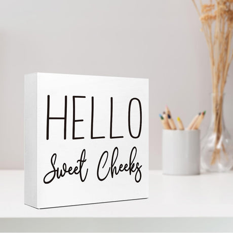 Funny Bathroom Wood Block Signs,Hello Sweet Cheeks Wooden Box Sign for Bathroom Shelf Toilet Restroom Home Tabletop Desk Decor,Rustic Bathroom Sign Decor LVQHI