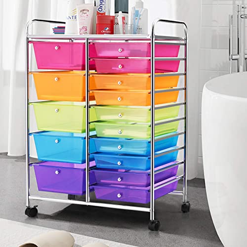 GOFLAME 15-Drawer Rolling Storage Cart, Multipurpose Movable Organizer Cart, Utility Cart for Home, Office, School, Rainbow - WoodArtSupply