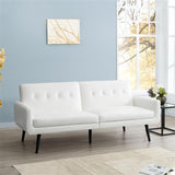 Naomi Home Monica Leather Futon Sofa, Convertible Couch Bed, Split Back Premium air Leather Sleeper Couch Sofa for Living Room, Mid Century Modern Fold Out Couch Bed with Tapered Legs - White Naomi Home