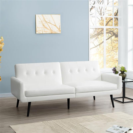 Naomi Home Monica Leather Futon Sofa, Convertible Couch Bed, Split Back Premium air Leather Sleeper Couch Sofa for Living Room, Mid Century Modern Fold Out Couch Bed with Tapered Legs - White Naomi Home
