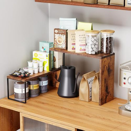 Vfelf Kitchen Countertop Organizer, Spice Rack Cabinet Organizer Shelf Stackable Counter Corner Shelves Organization and Storage for Pantry, Counter top, Coffee Station Wood Rustic Brown Vfelf
