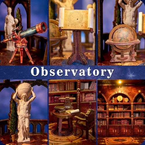 TOYQI Book Nook Mini House Kit, DIY Miniature Dollhouse Booknook for Adults, 3D Wooden Puzzle Bookend Bookshelf Insert Decor, Tiny Stargazing Tower Observatory, Gift for Family and Friends