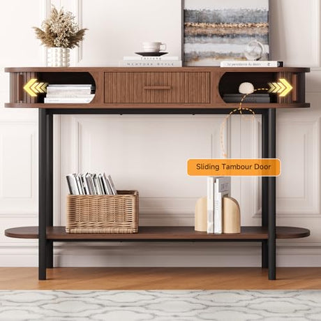 ONBRILL 47 Inch Fluted Console Table with Drawers, Entryway Table with Storage, Oval Sofa Tables Behind Couch, Mid-Century Modern Hallway Tables for Entryway, Hallway, Small Spaces, Walnut ONBRILL